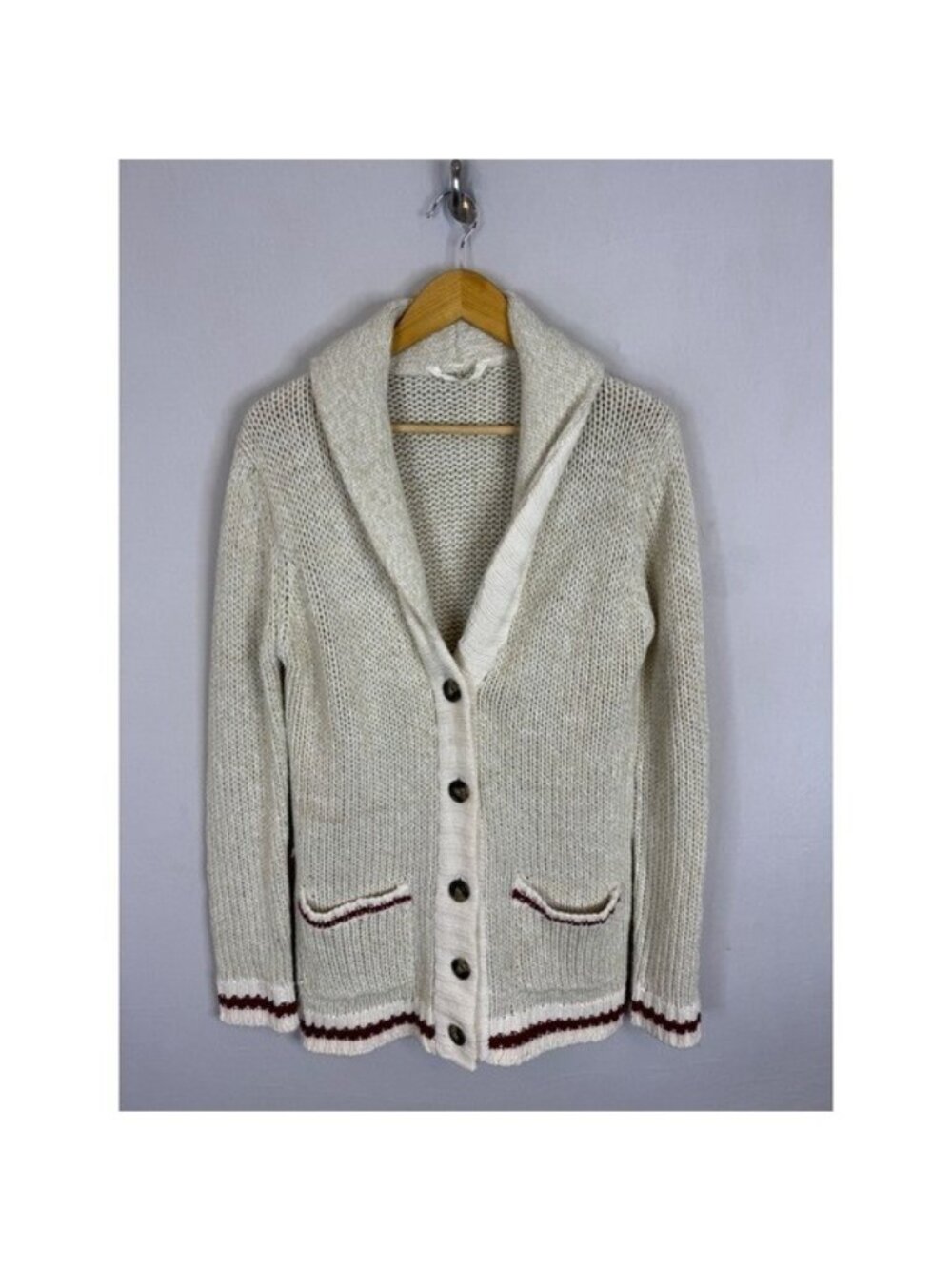 Bluenotes Cream Cabin Style Shawl Collar Cardigan Burgundy Stripe Women Large